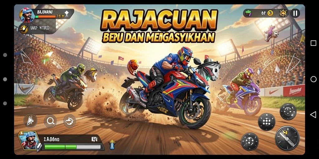 Screenshot utama RAJACUAN menampilkan aksi balapan yang mendebarkan.