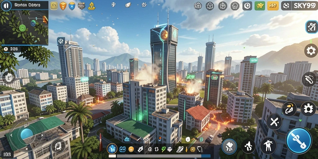 Tangkapan layar gameplay SKY99 yang menunjukkan pertahanan menara yang epik.